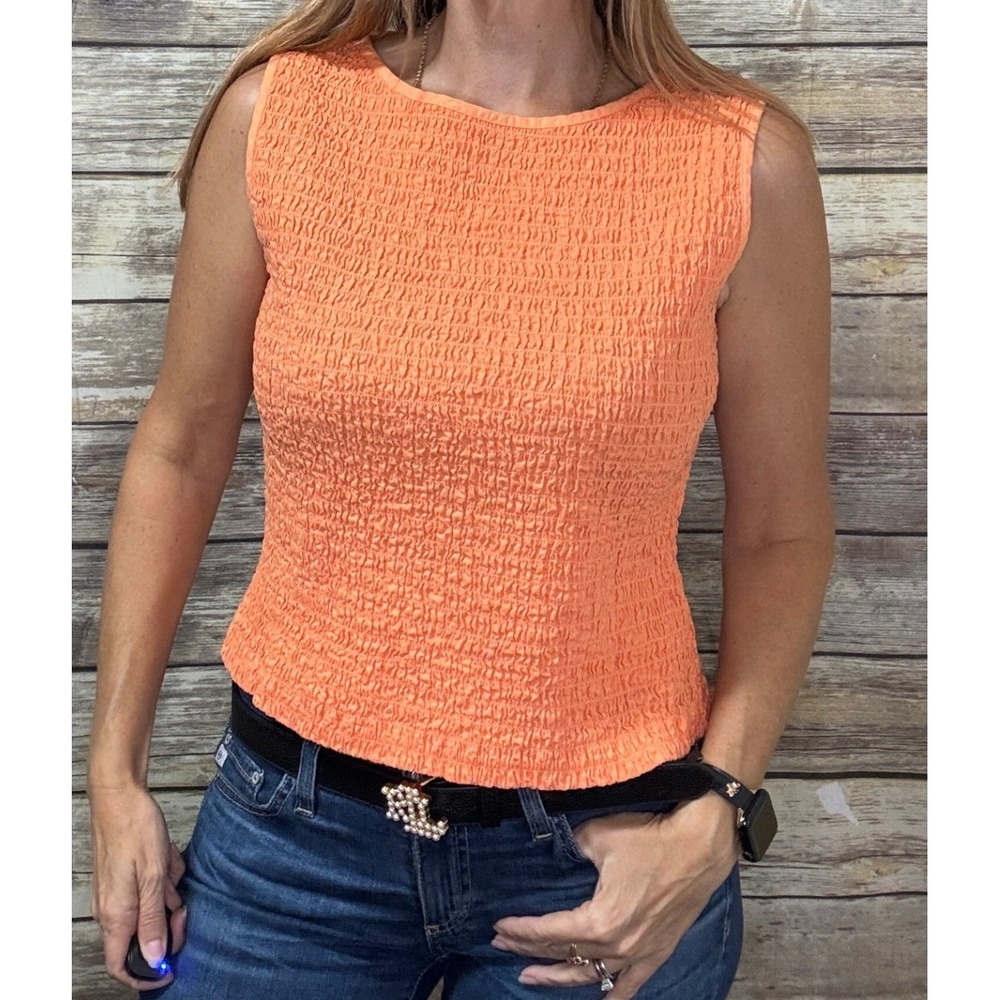 Liz Claiborne Orange Smocked Popcorn Top Sleeveless Cotton Stretch Tank M Medium